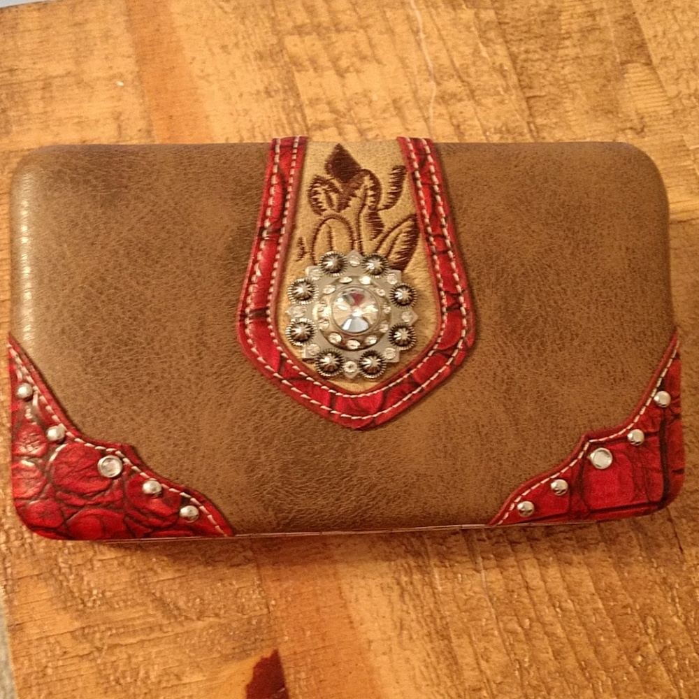 Brown and red rhinestone wallet